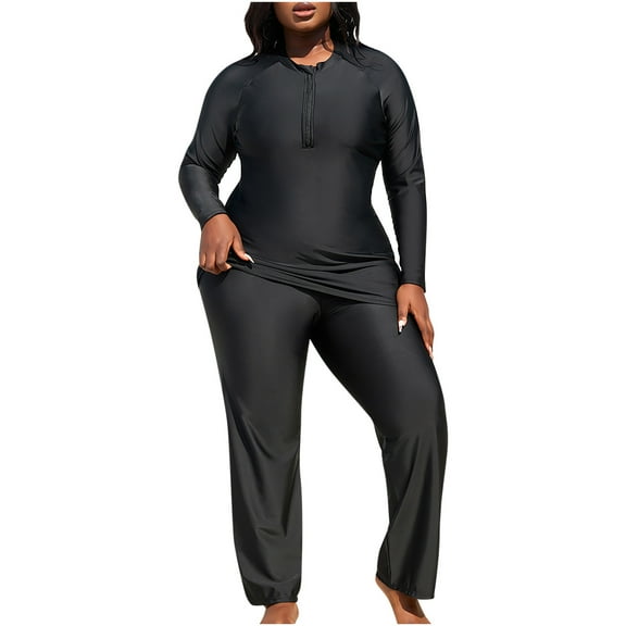 Odeerbi Plus Size Modest Muslim Swimwear for Women Full Coverage Burkini Swimsuit Long Sleeve Top Swim Pants Set Bathing Suit New Fashion Casual Split Beachwear Black