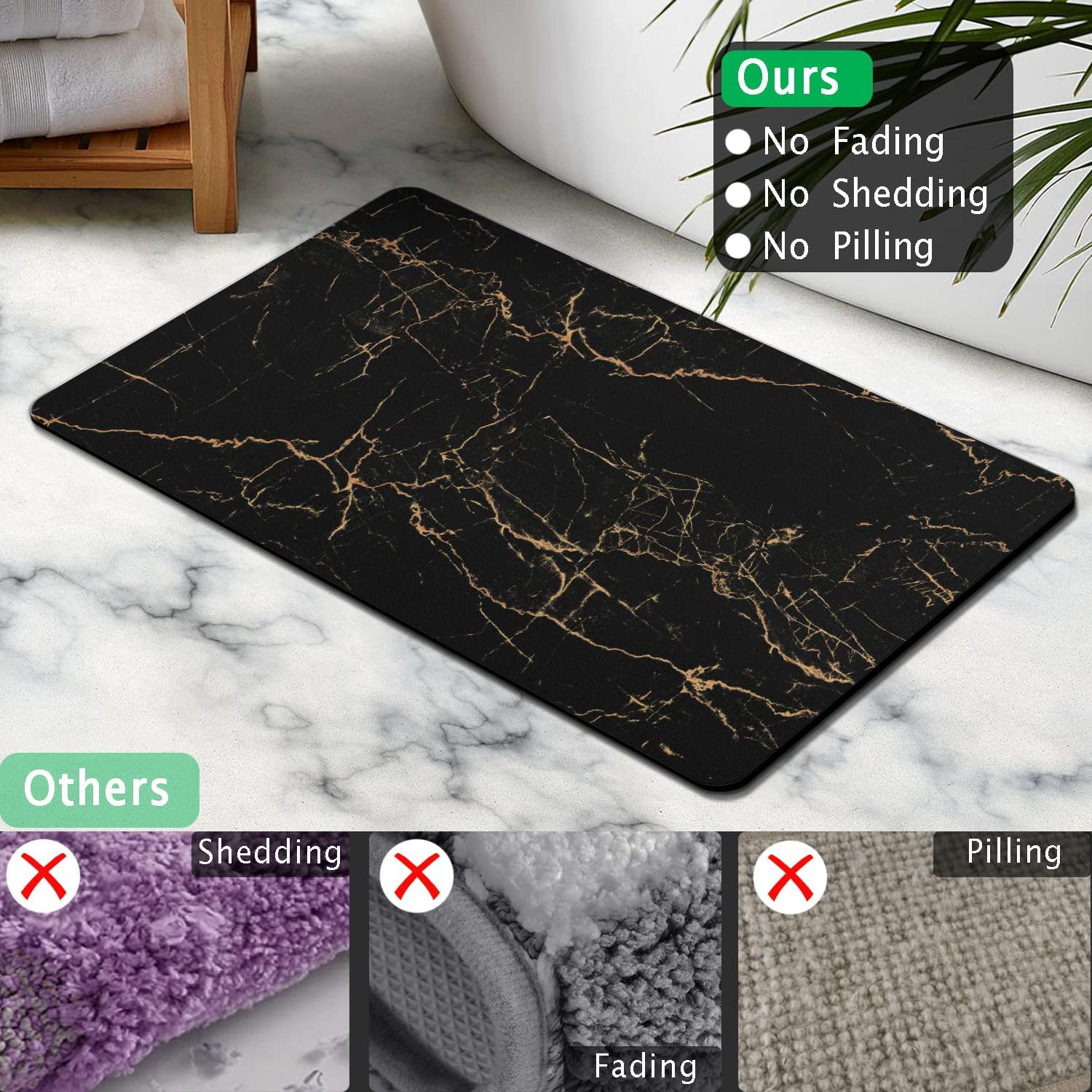 Black Bath Mats for Bathroom 20"x32" Non Slip Quick Dry Super Water Absorbent Marble Bathroom Rug Washable Thin Bathroom Rugs Fit Under Door