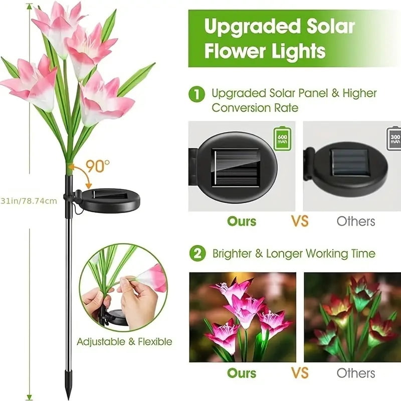 4 Pack Solar Lights With 16 Bigger Artificial Lily Flowers, Multi-Color Changing Lights, Solar Garden Decor Lights For Patio Yard Lawn Pathway