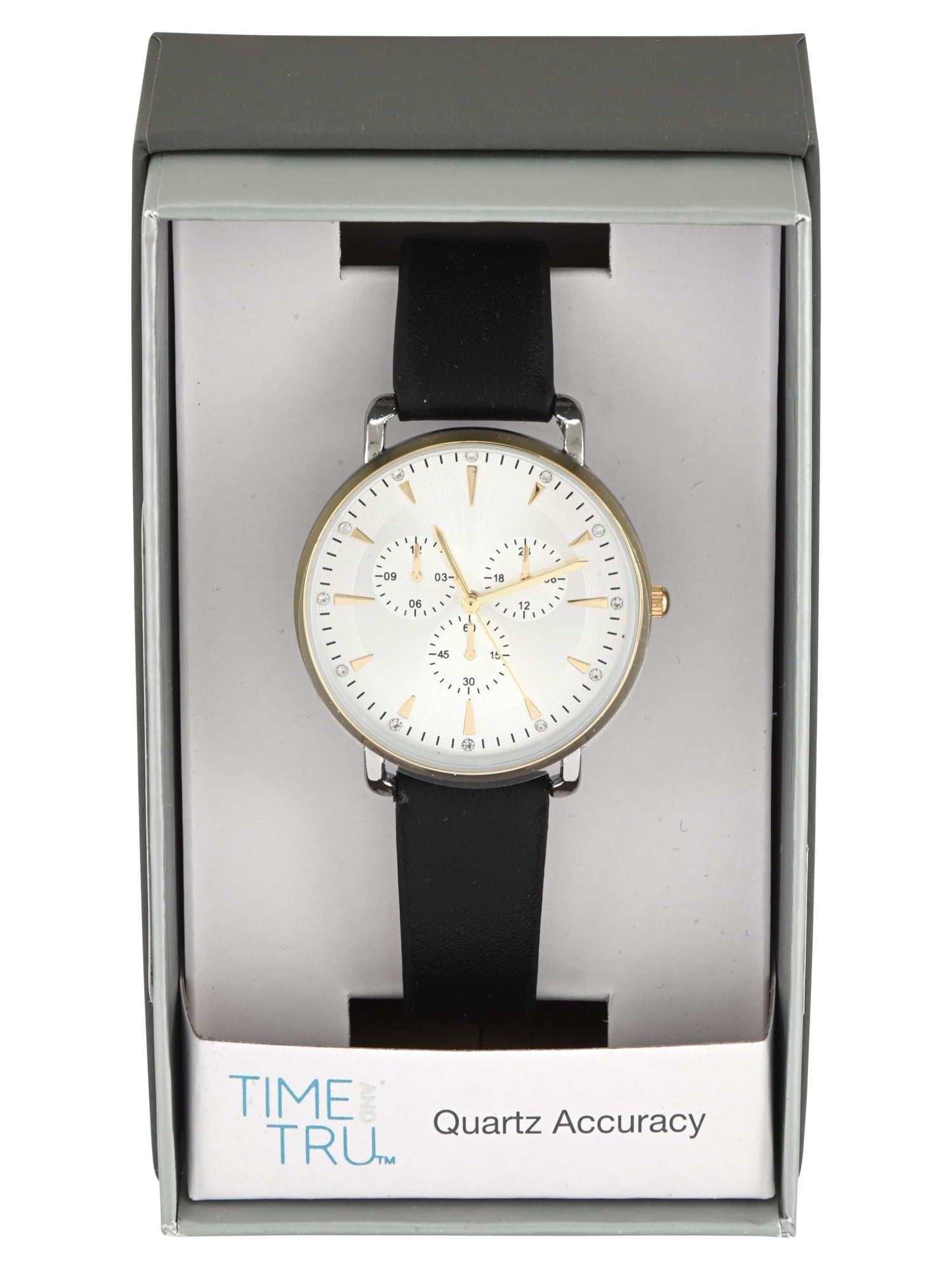 Time & Tru Ladies Two- Tone Round Case with Black PU Strapm Watch