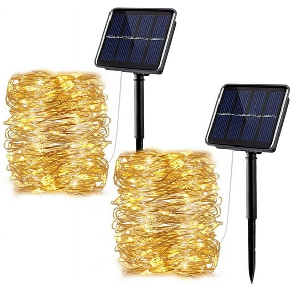 Morttic Outdoor Solar Lights String, 2 Pack Each 33FT 100 LED Waterproof Solar Powered Fairy Decorative Lights with 8 Lighting Modes for Porch Balcony Patio Camping Wedding (Warm White)