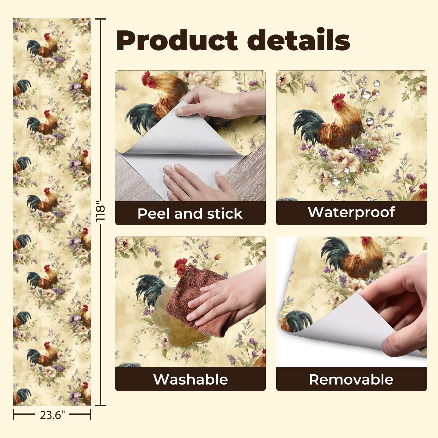 Peel and Stick Wallpaper 23.6in x 9.8ft Vintage Rooster Wildflower Country Pale Yellow Farmhouse Contact Paper Vinyl Waterproof Self Adhesive Wall Paper for Bedroom Shelf Cabinet Renter Friendly