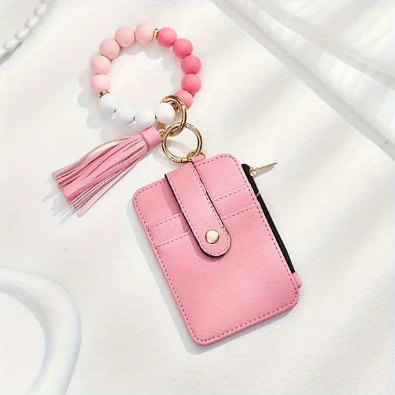 Boho Beaded Tassel Keychain, Ladies' Boho Style Keychain Wristlet Wallet with Beaded Tassel Decoration, Credit Card Holder Purse(E)