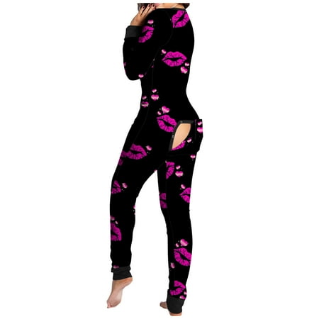 

Deals of the Day Tarmeek Women s Sexy Deep V Neck Button-Down Butt Flap Pajamas Lip Printed Long Onesies Pajamas Stretch Long Sleeve One Piece Sleepwear Sexy Bodycon Bodysuit Jumpsuit Rompers