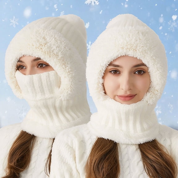 1Pc 3 in 1 Beanie Hat for Women,Winter Cold Weather Knitted Hats With Thick Plush Lined,Women's Outdoors Ski Windproof Scarf Hat and Mask Set,Snow Caps Plush Earmuff Skull Hats with Pompom,White