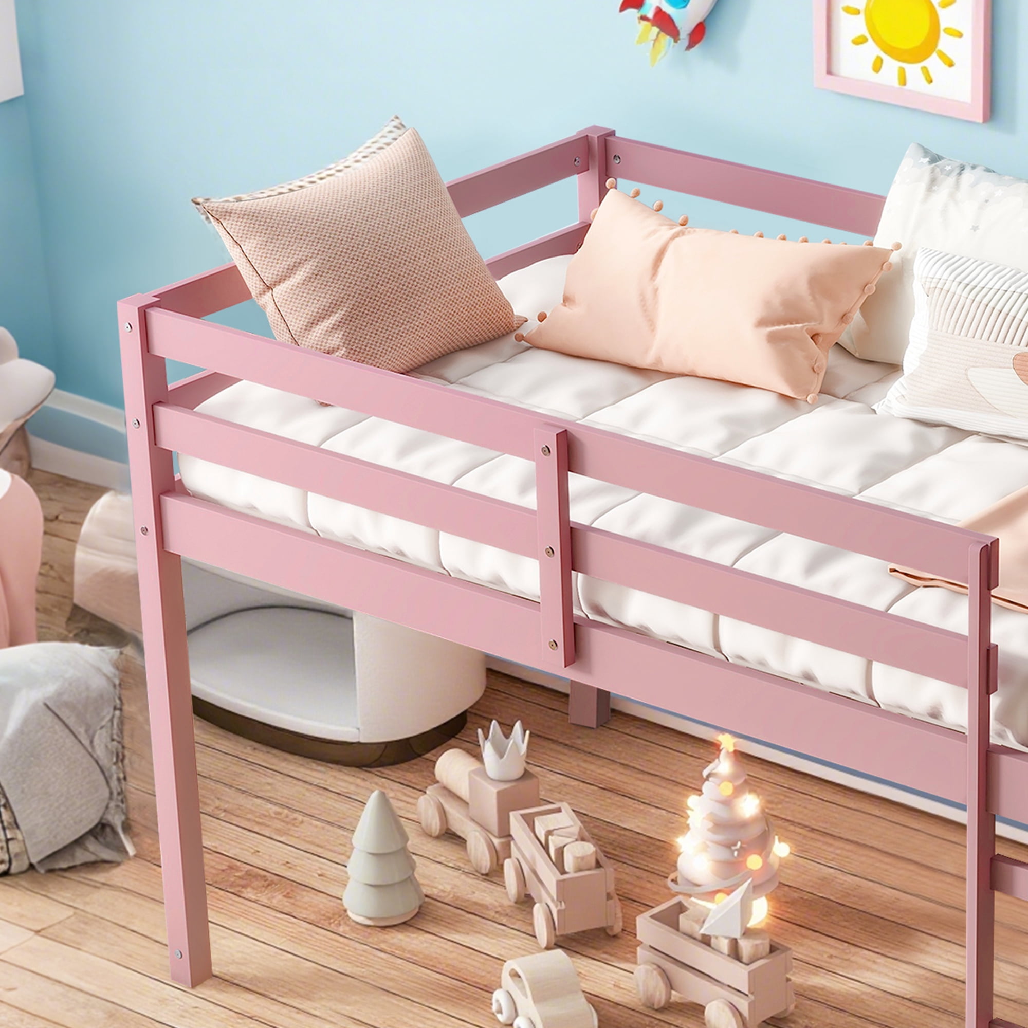 Miniyam Twin Loft Bed for Kids, Solid Wood Frame with Ladder and Guardrails, Space-Saving Design, Pink