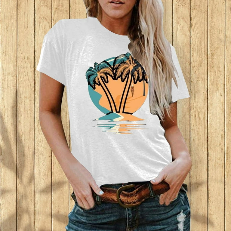 ZQGJB Tops Clearance for Women Short Coconut Palm Trees Beach Sunset Summer T-Shirt Casual O Neck Tees Hawaiian Shirts Top White L - Walmart.com