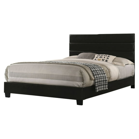 Leatherette Upholstered King Bed with Panel Headboard, Black- Saltoro Sherpi