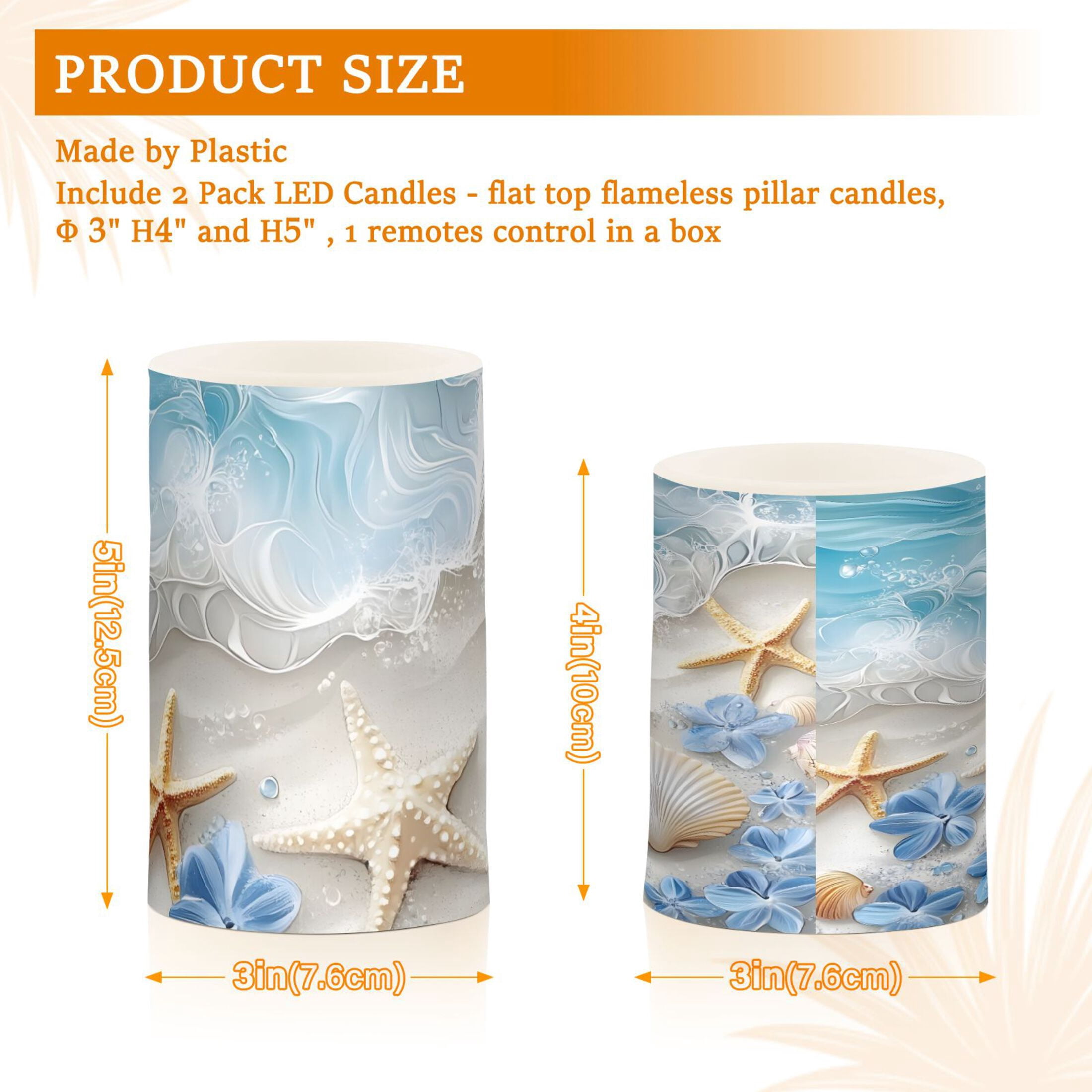 Seashell Starfish Flickering Flameless Candles Battery Operated with Remote Timer LED Pillar Candles Set of 2