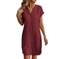 thumbnail image 2 of TAGOLD Womens Short Sleeve V-Neck Dress Linen Solid Color Loose Casual Dress For Summer Daily Wear, 2 of 5