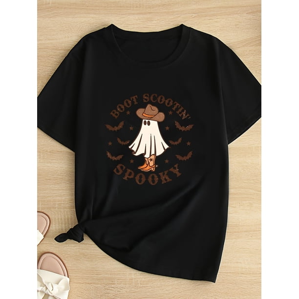 Women's Halloween T-Shirt - Funny Cowboy Graphic | Dark Gray with Brown Print, Casual Halloween Party outfit, Seasonal attire, Playful Graphic Tee, Holiday Clothing, Durable Material, Short Sleeve