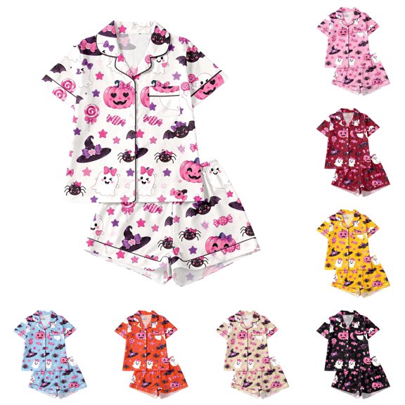 DHFJKG Halloween Pajamas Set For Women 2 Piece Ghost Pumpkin Print Shirts And Shorts Button Down Short Sleeve Sleepwear