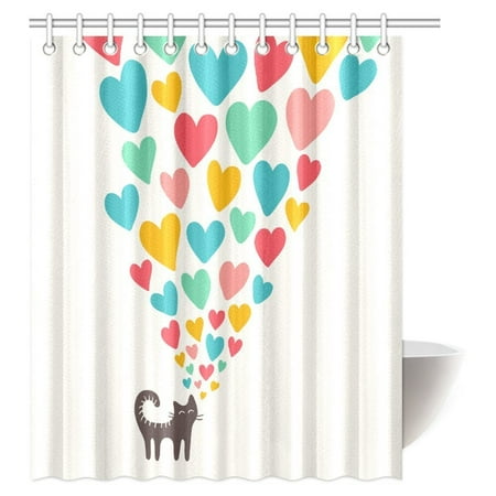 - MYPOP Cat Lover Shower Curtain, Cute Cat in Love with Colorful Different Sizes of Hearts Happy Sweet Clipart Fabric Bathroom Shower Curtain with Hooks, 60 X 72 Inches