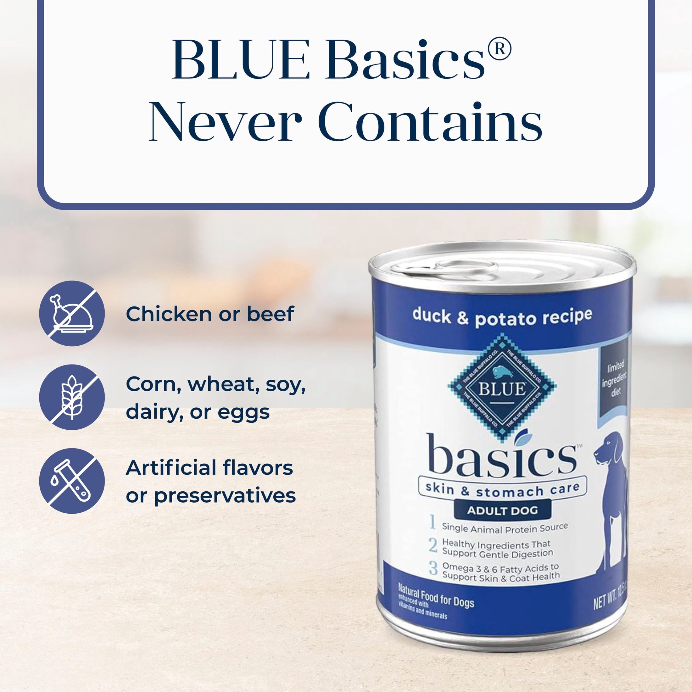Blue Buffalo Basics Grain Free Wet Dog Food for Skin & Stomach Care, Duck, 12.5oz Can