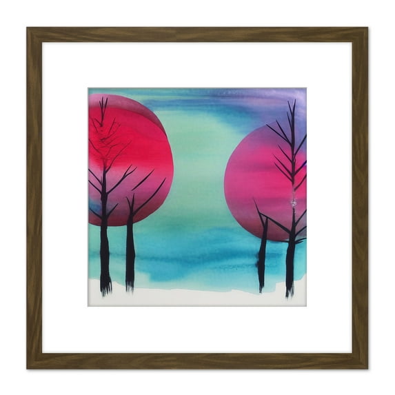 Winter Forest Tree Landscape Japanese Inspired Modern Abstract Watercolour Painting Turquoise Pink Purple Square Wooden Framed Wall Art Print Picture 8X8 Inch