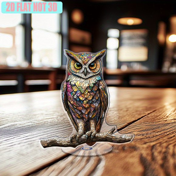 Rotatable acrylic ornament featuring a sacred owl on a branch with vibrant stained glass texture and ultra-detailed bright colors against a white background