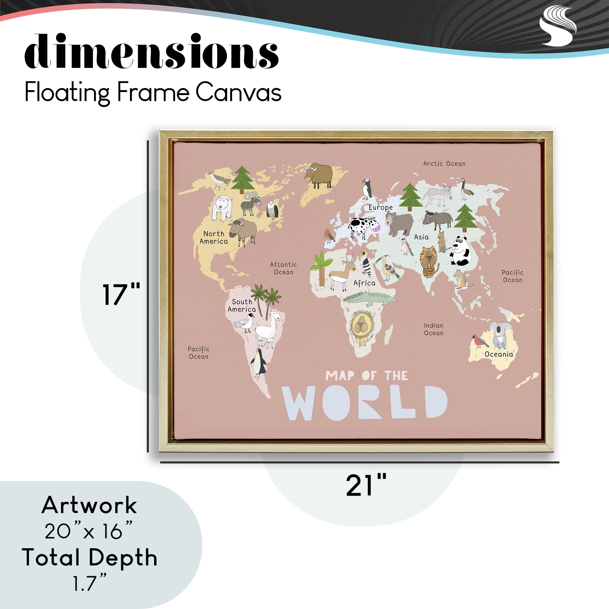 Kid's Map Of World Pink Gold Framed Floater Canvas Wall Art, design by Carla Daly