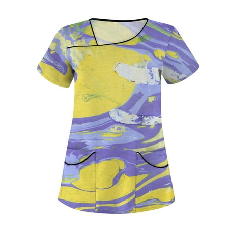

TKing Fashion Independence Day Women Plus Size Scrubs Top V-Neck Short Sleeve Printed Pockets Work Blouse for Women Yellow 4XL