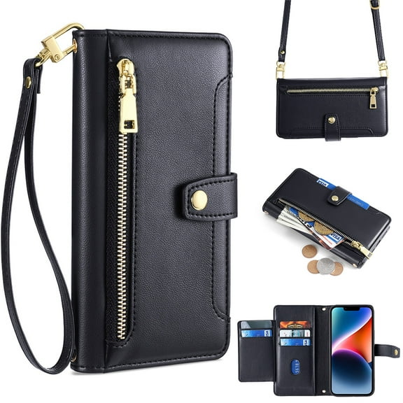 SaniMore for iPhone 14 Plus Case, with Kickstand [Shoulder & Wrist Strap] Flip Zipper Wallet Cash & Card Slots PU Leather TPU Interior Full Body Protection for iPhone 14 Plus, Black
