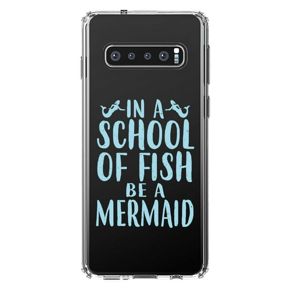 DistinctInk Clear Shockproof Hybrid Case for Samsung Galaxy S10 (6.1" Screen) - TPU Bumper Acrylic Back Tempered Glass Screen Protector - In a School of Fish Be a Mermaid