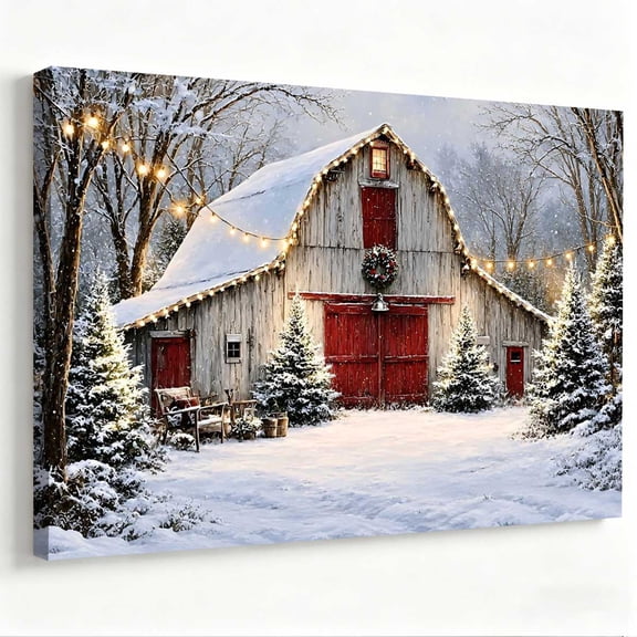 Winter Barn Christmas Tree Wall Art Rustic Canvas Wall Decor Living Room Bedroom Painting Stretched Canvas Prints Holiday Artwork Ready to Hang 8*12