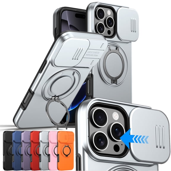 Decase for iPhone 16 Pro Max Heavy Duty Hard Case,Rugged 360° Ring Stand Shockproof Case with Privacy Slide Lens Cover,Dual-Layer PC TPU Protective Cover,Silver