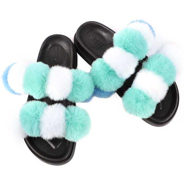Women Furry Slippers Fashion Pom Pom Ball Faux Fur Slippers Fluffy Sandals