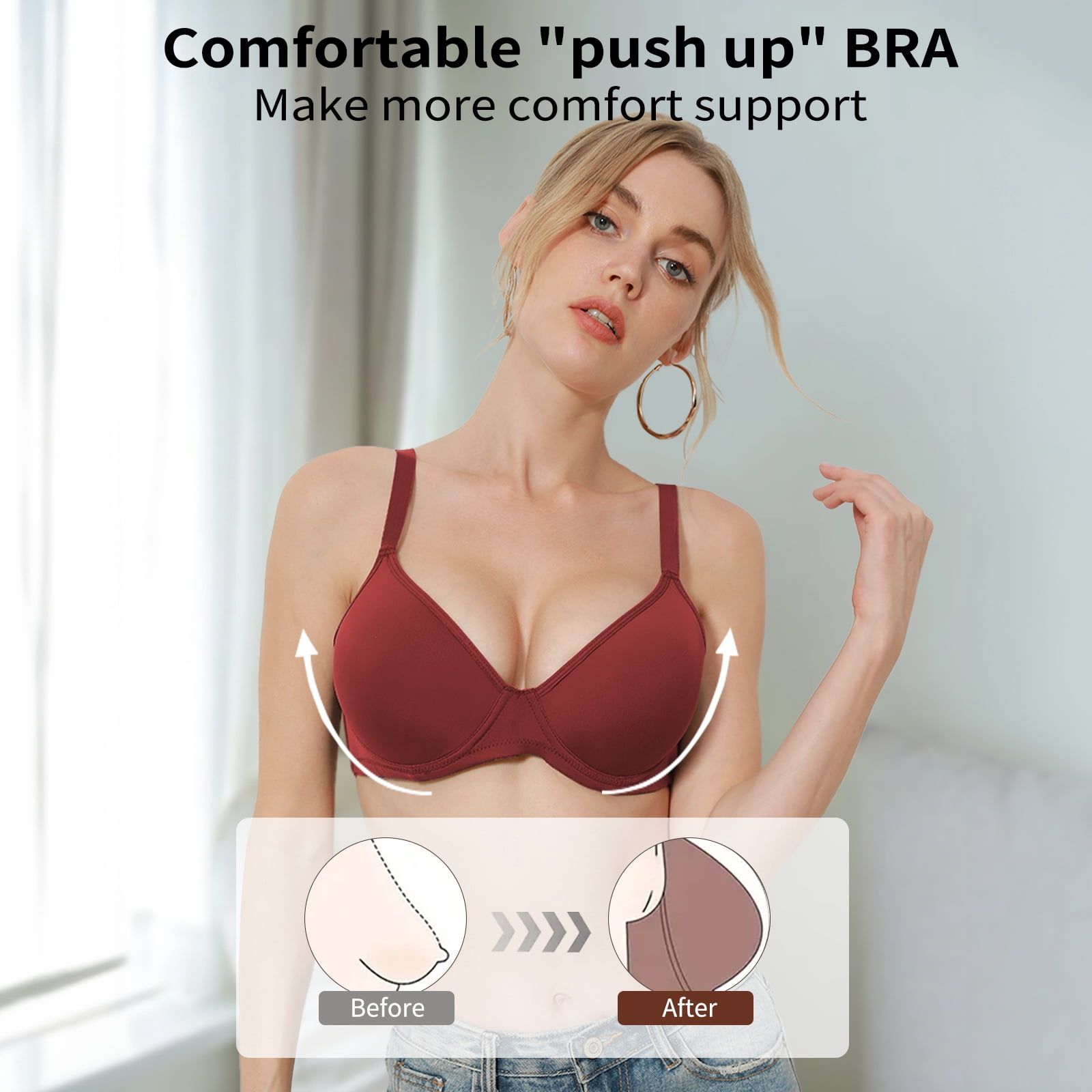 6PC Pack Women Push Up Bra Everyday Underwear Comfortable Lingerie Bralette with Support Anti-Sag-Size90B/40B