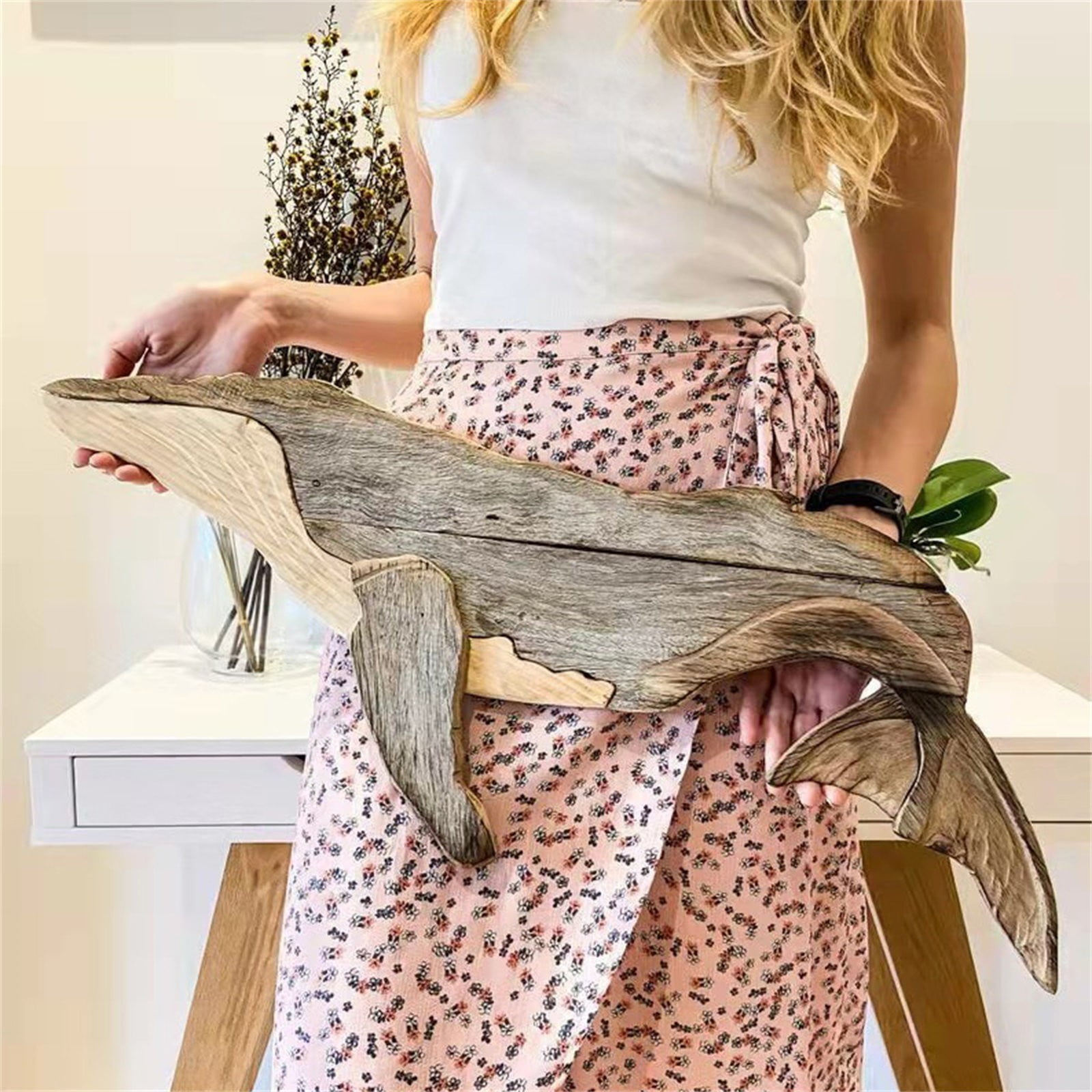 Wooden Marine Animal Wall Hanging, Rustic Nautical Decor for Beach Theme Home, Hand-Carved Whale Shark and Sailfish Sculpture, Coastal Wall Art for Living Room and Nursery (Single Sided)