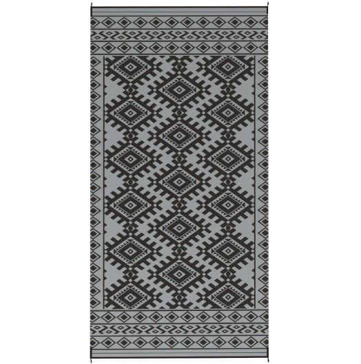 9' x 18' Black & Gray Rhombus Border Reversible Outdoor Rug, Waterproof Patio Camping Mat with Carry Bag, Foldable Portable RV Carpet
