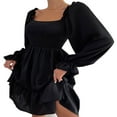 thumbnail image 2 of PENGXIANG Robe Mini Ligne A pour Femmes Sexy Manches Longues Col Carré Smocké Volants Robes Simples Abricot TG, 2 of 5