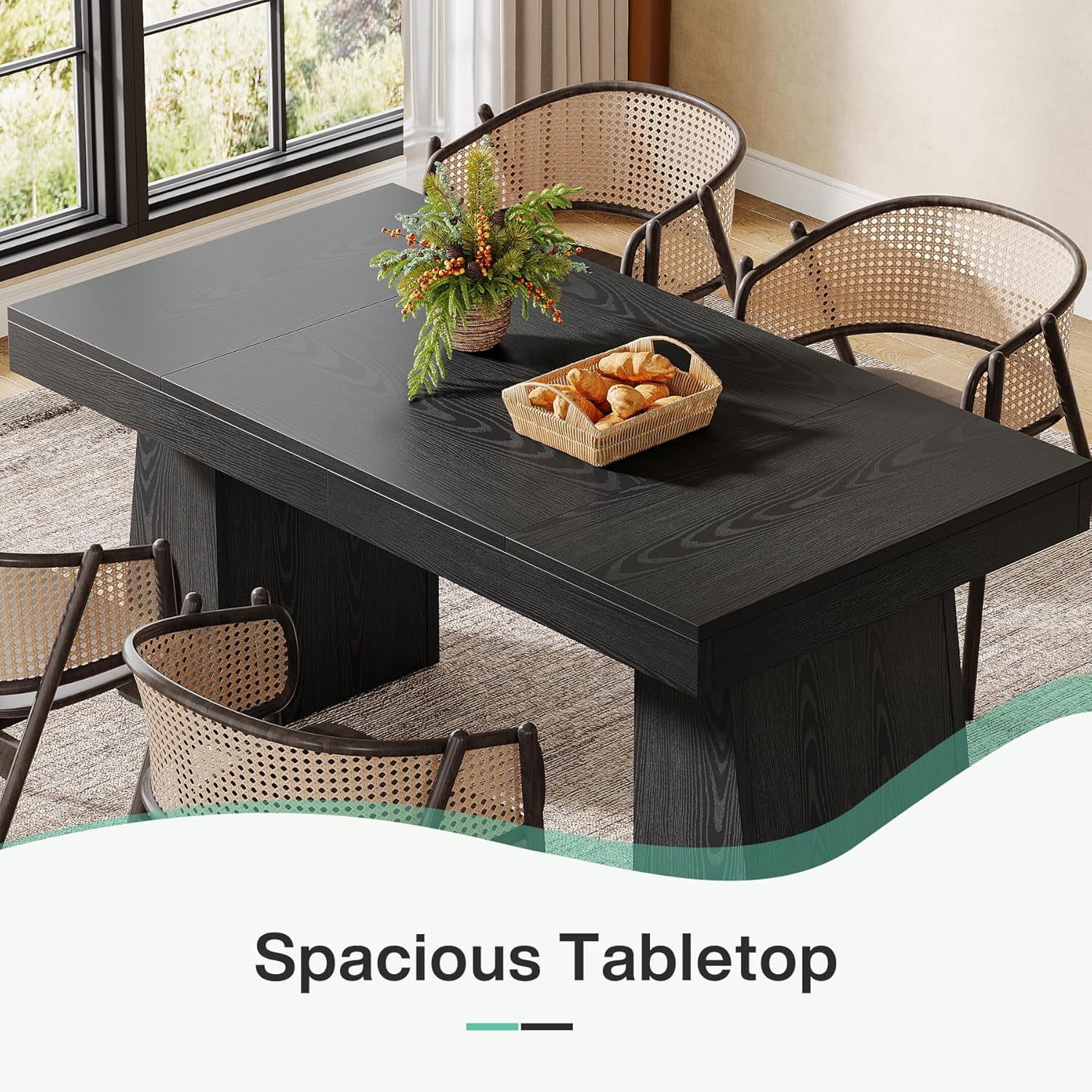 Rectangular 55" Dining Table for 4-6, Mid-Century Modern Kitchen Dining Table, Black