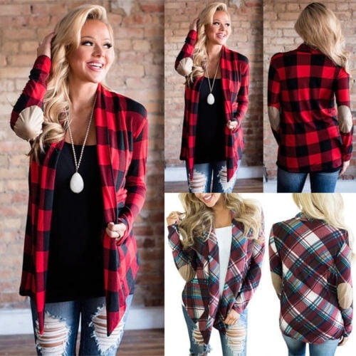 Women´s Casual Tops Long Sleeve Plaid Cardigan Blouse Shirt