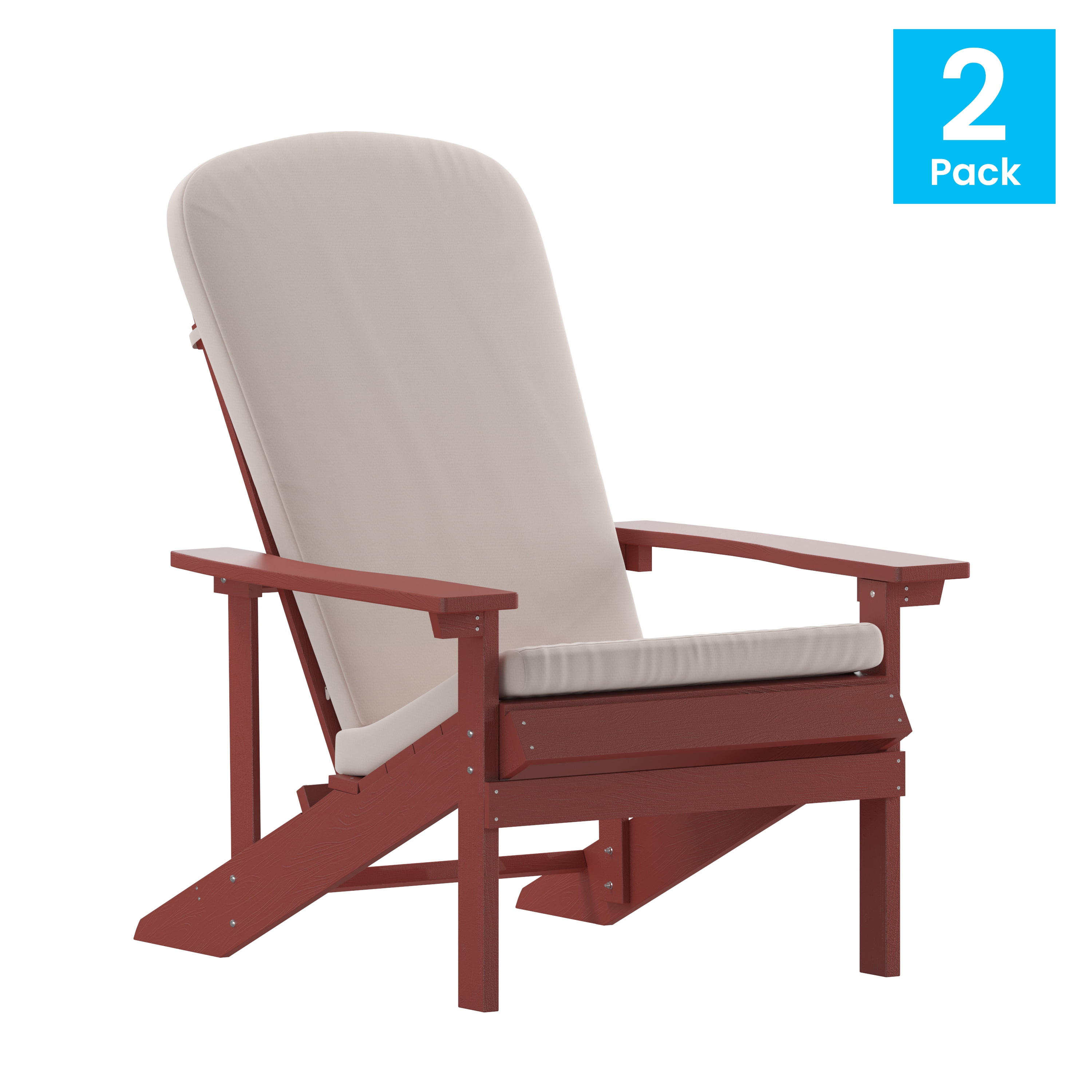 Emma + Oliver Set of Two Red All-Weather Polyresin Adirondack Chairs with Cream Cushions