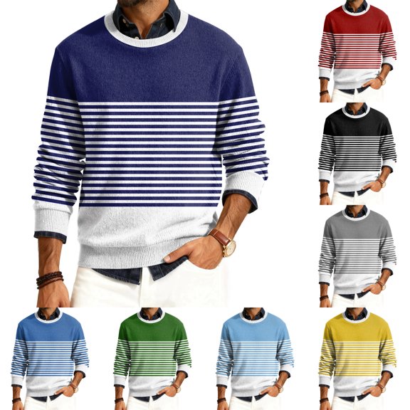 Wutalume Men's Round Neck Ribbed Knit Pullover, Long Sleeve Striped Print Sweater, Comfortable Stretch Top for Casual Layering and Everyday Wear,Black L