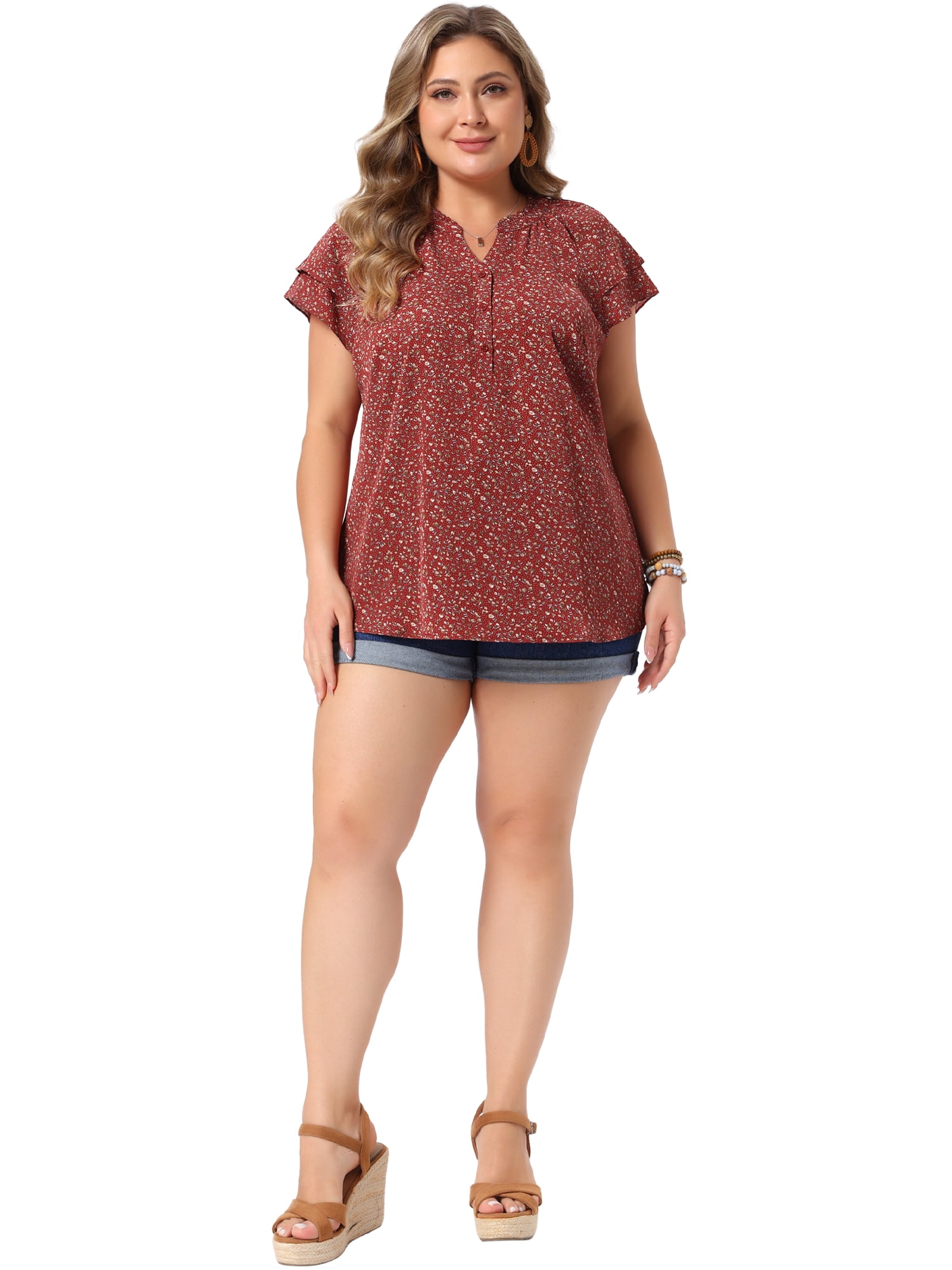DARING DIVA Women's Plus Size Layered Sleeve V Neck Floral Tops Tunics 1X Red