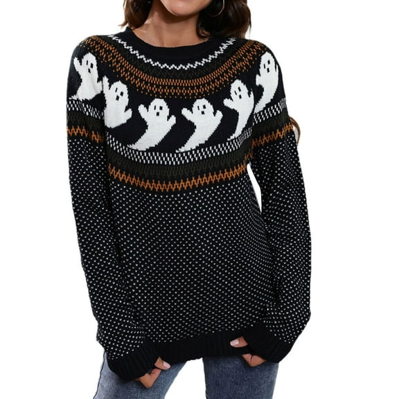 Sweaters for Women Halloween Day Cute Ghosts Print Ethnic Style Pullover Sweaters Warm Knitted Crewneck Sweaters Shermie