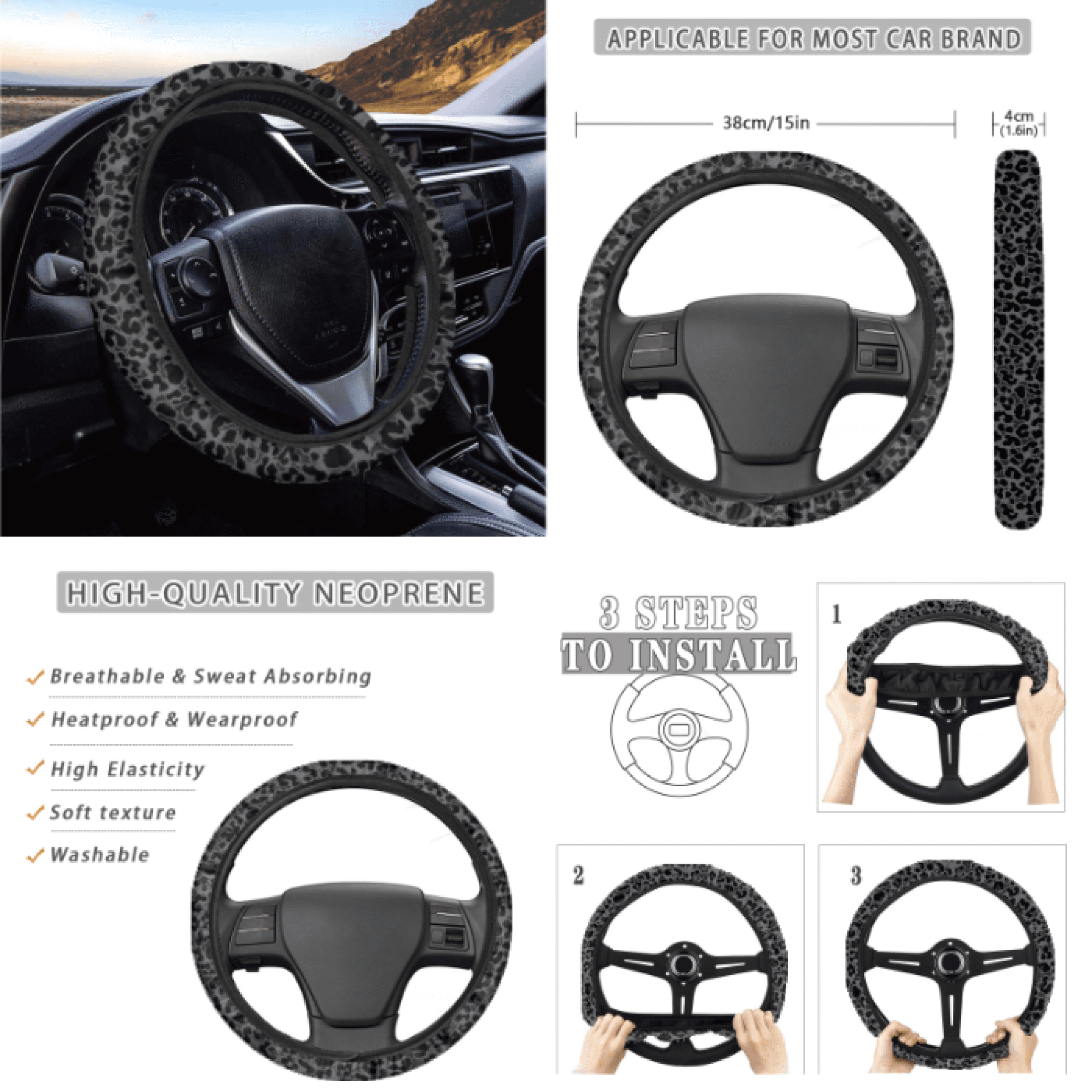 HUIACONG Black Leopard Print Pattern Car Accessories Full Set, with Car Seat Belt Pad Armrest Cushion Car Safety Strap Cover Car Cup Holder Mats