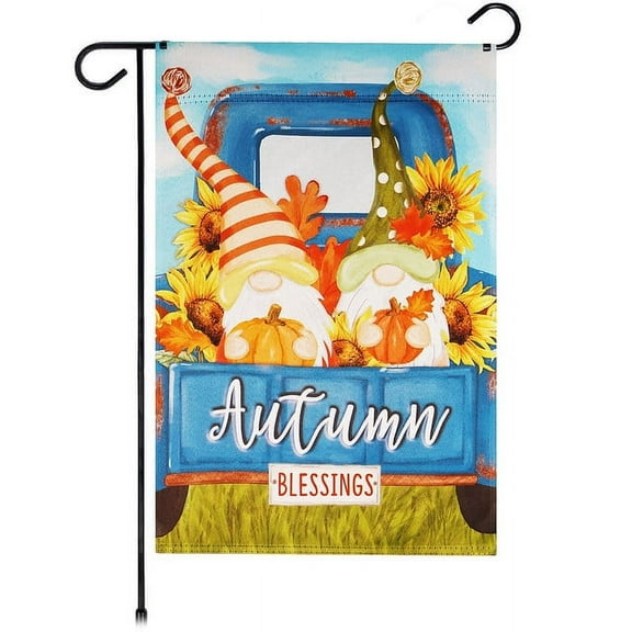 G128 Fall Garden Flag Double-Sided, Autumn Blessings Gnomes with Pumpkins Design, 12x18 in Outdoor Seasonal Blockout Fabric Decoration