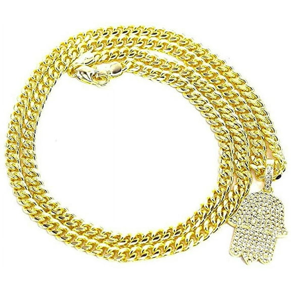 18k Solid Gold Plated Men Cuban Link Chain With Iced Out Hip Hop Hamsa Evil Hand Charm 2 Pieces
