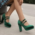 thumbnail image 4 of Lovskoo 2024 Women's Vintage Chunky Platform Mary Heels Pumps Shoes Closed Toe Velvet Ankle Strap Sandals High Block Heels Dress Shoes Green, 4 of 9