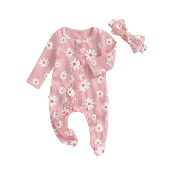 Suealasg Newborn Baby Girl Footies Romper Warm Long Sleeve Flower Print Jumpsuit  Headband 3 6 9 Months Infant Girl Fall Winter Clothes
