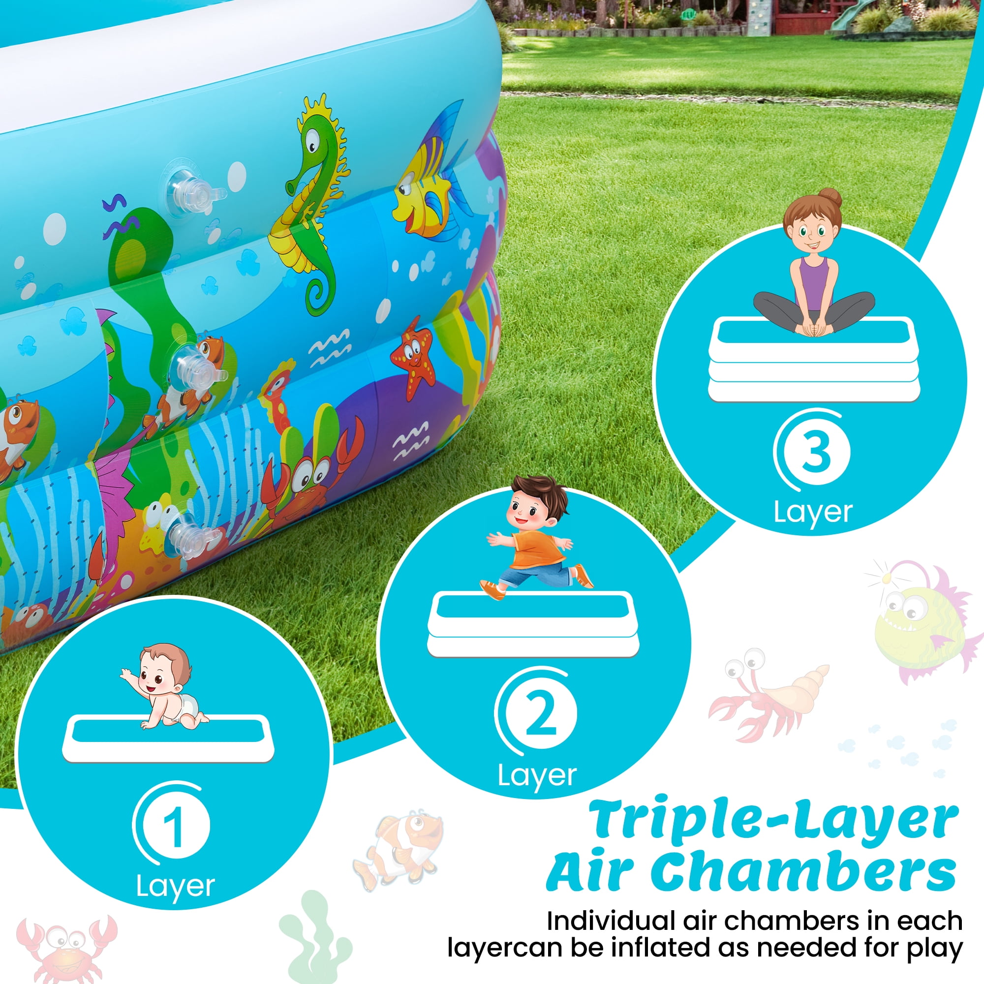 Naipo Inflatable Swimming Pool for Kids and Adults, 120"x72"x22" Oversized Thickened Family Swimming Pool for Toddlers, Outdoor, Garden, Backyard, Summer Water Party, Cartoon Patterns
