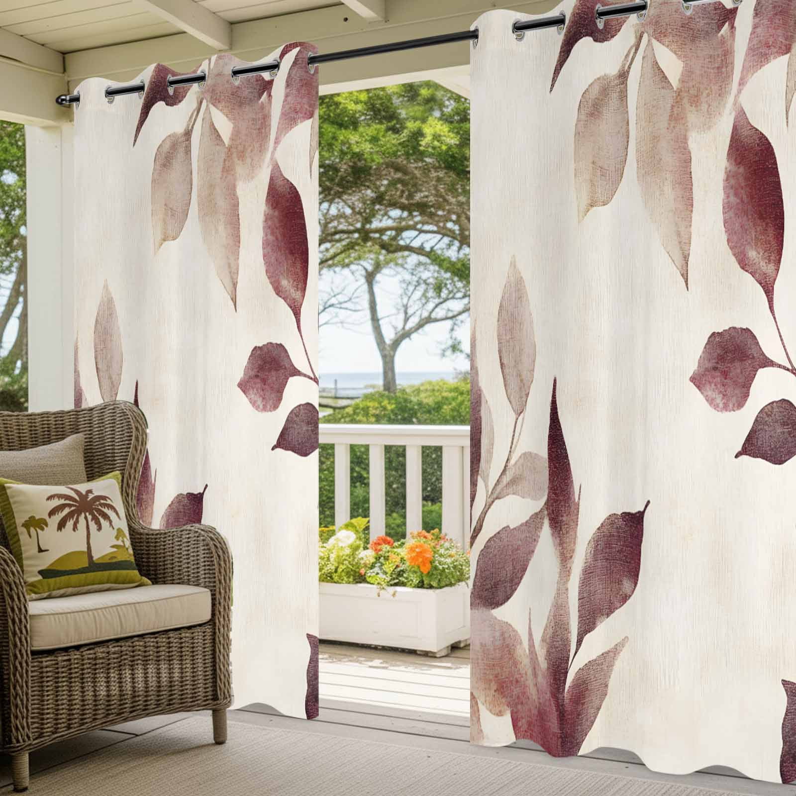 Outdoor Curtains for Patio Waterproof, Eucalyptus Leaves Windproof Pravicy Outside Porch Blackout Curtain, Brown Spring Botanical Aesthetic Sun Blocking Grommets Curtains for Cabana Gazebo 54"x108"