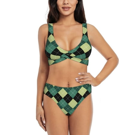 Zeuib Green Squares High Waisted Tummy Control Bikini Set - Knot Front Push Up Top & Cheeky Thong Bottom  Two-Piece Swimsuit for Women-Medium