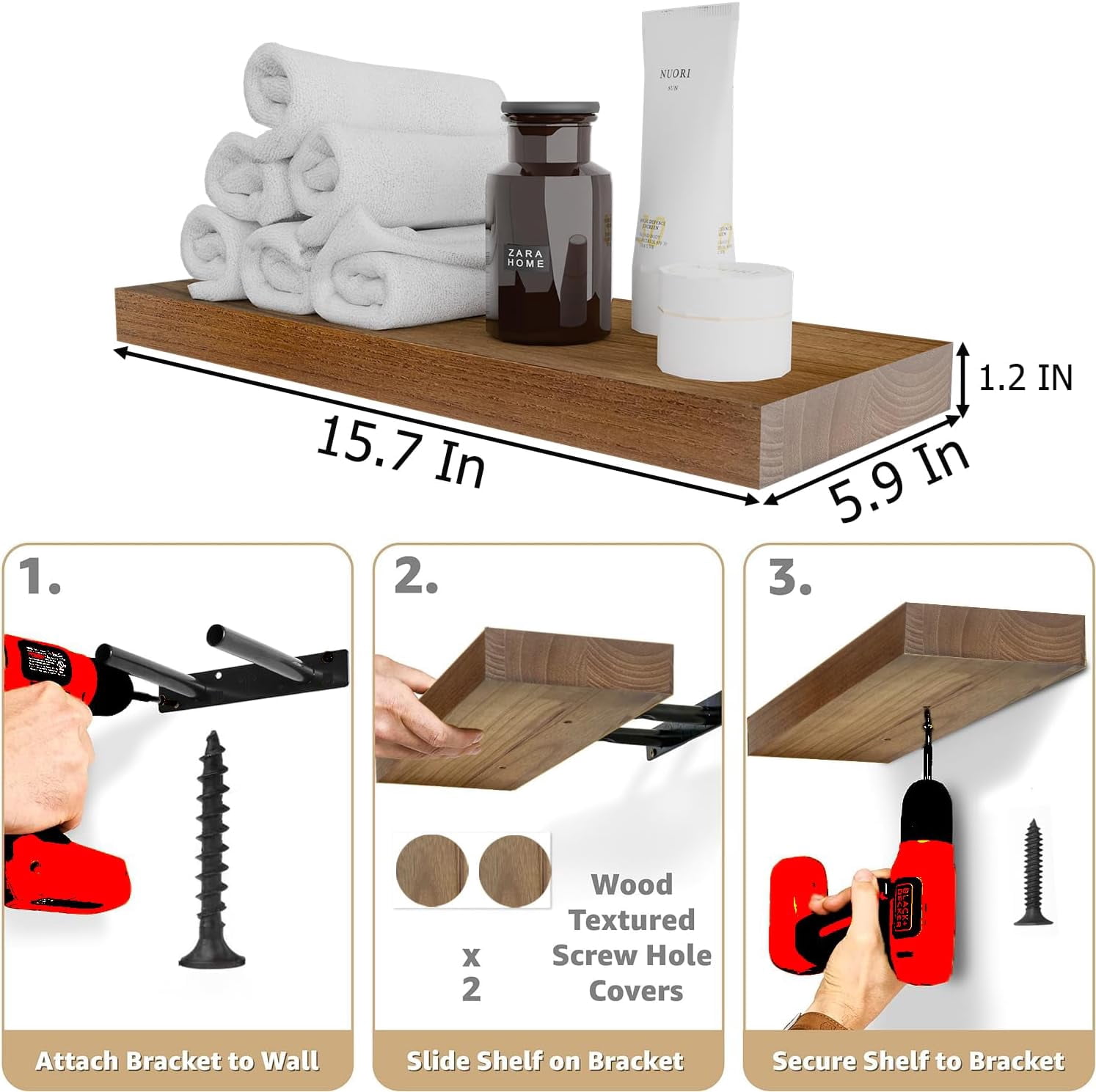 Floating Wall Shelves 24 inch,Bathroom Shelf Wall Mounted,Invisible Shelves Floating Kitchen Shelving,Wooden Wall Shelf with Brackets for Living Room Wall Mounted,Easy Install,Set of 2,Black