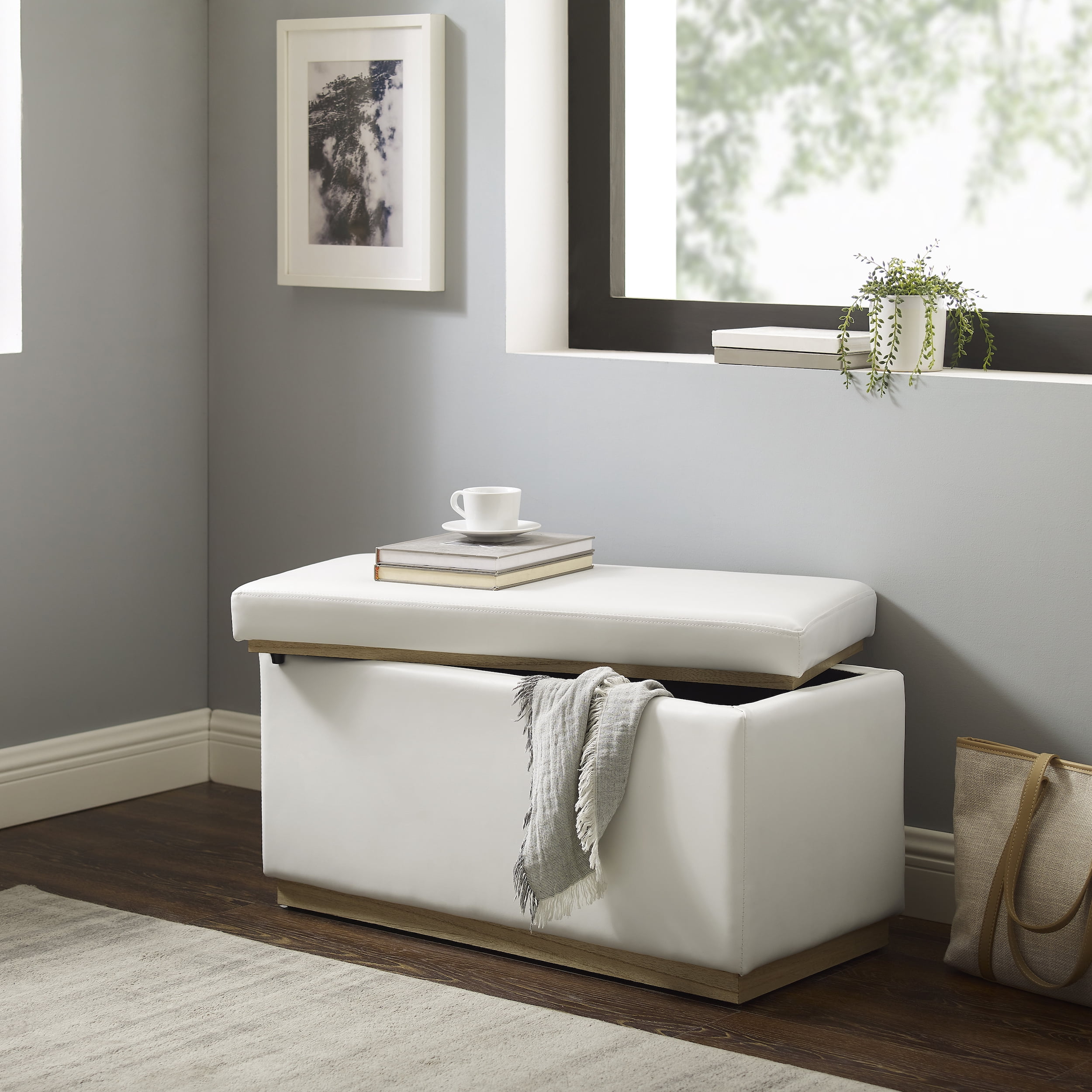 Linon Elta Rectangle Storage Ottoman, White Faux Leather