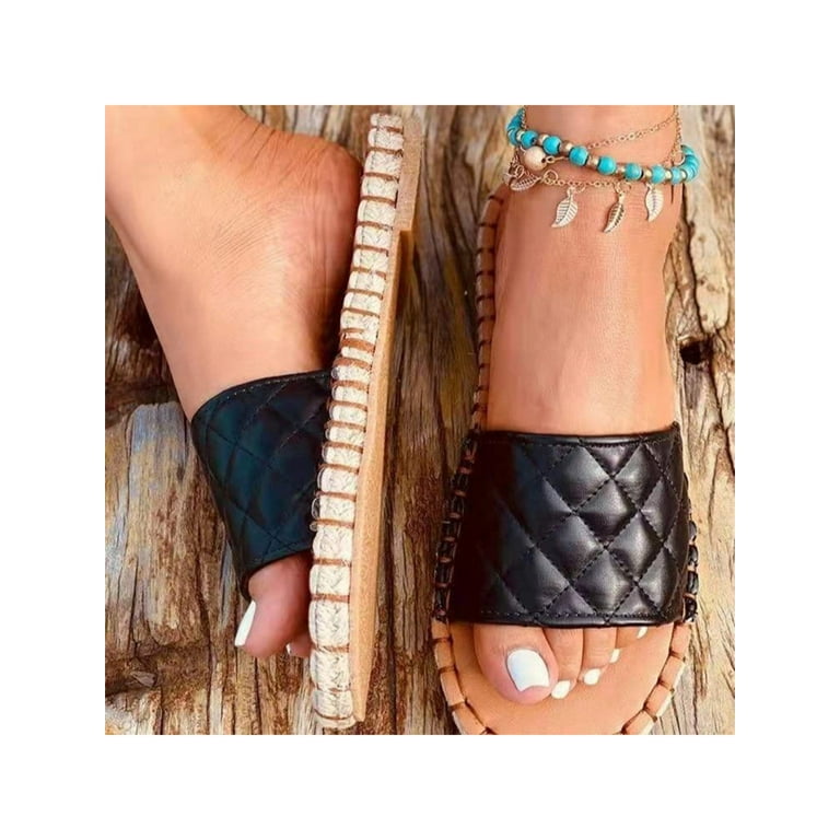 Lacyhop Women's Open Toe Slide Sandals Slip on Flat Sandals for Summer  Black Size 9