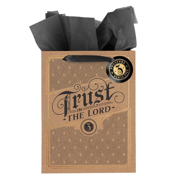 Christian Art Gifts Large Portrait Inspirational Scripture Gift Bag, Tag & Wrapping Tissue Paper Set for Men & Women: Trust in the Lord Bible Verse Glossy Tan Design, Satin Ribbon Handles