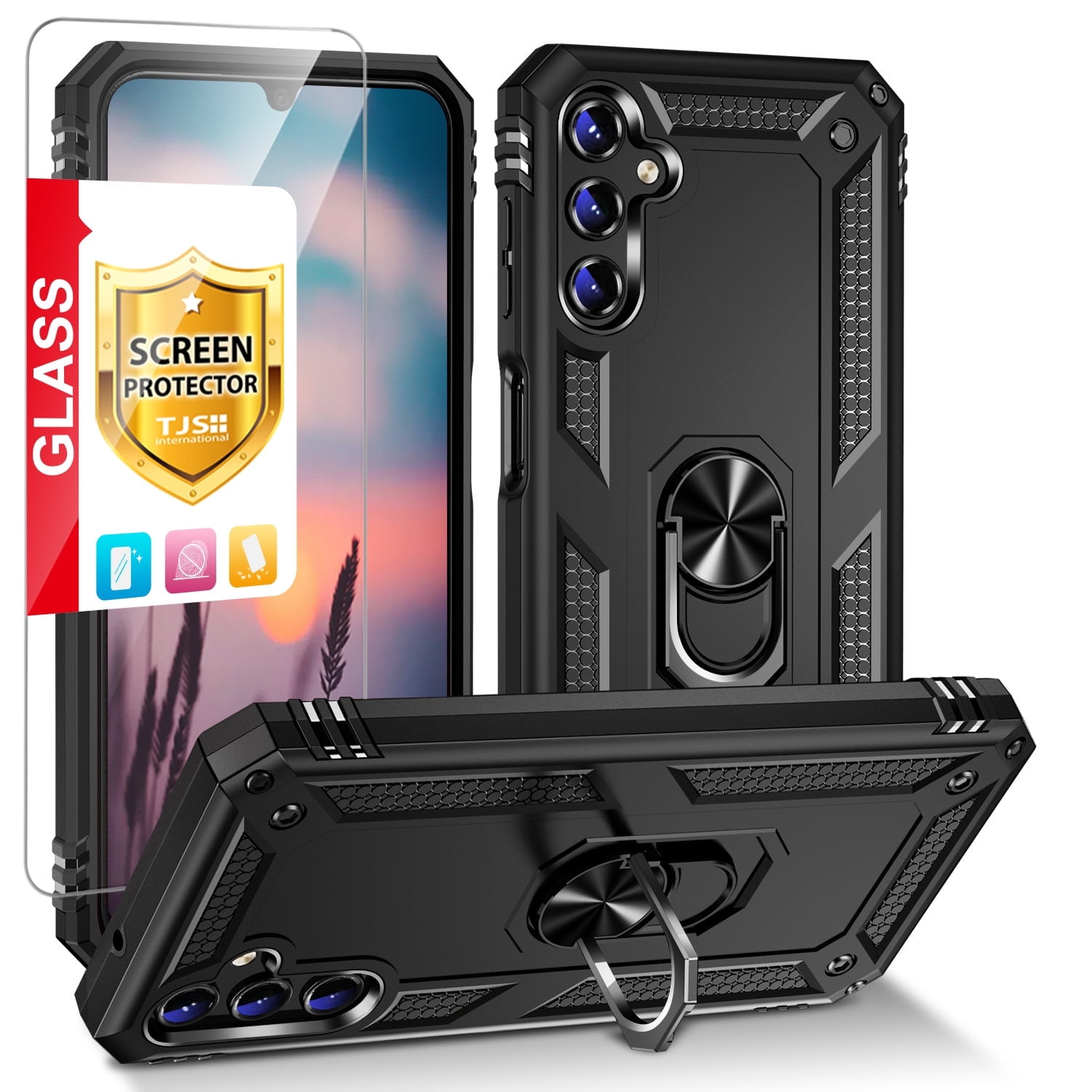 TJS for Samsung Galaxy A14 5G Phone Case, with Tempered Glass Screen Protector, Impact Resistant Metal Ring Magnetic Support Kickstand Drop Protector Cover for Galaxy A14 5G (Black)